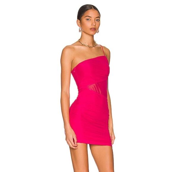 Superdown Jerica Mesh Mini Dress in Hot Pink one shoulder party Revolve S - Picture 2 of 8
